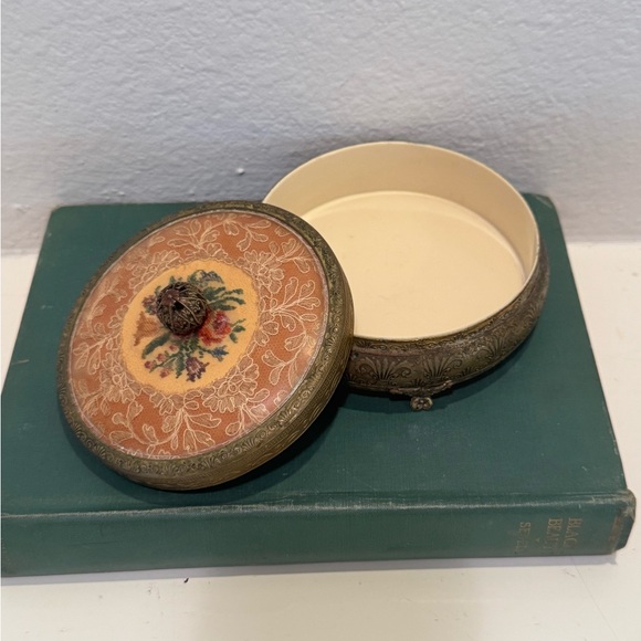 Other - Antique Made in England Floral Pink & White Lace Inset Powder Vanity Jar